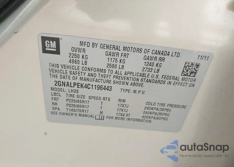 2012 Chevrolet Equinox 2Lt from USA, damaged, VIN 2GNALPEK4C1196443